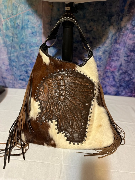 Raviani Handbags - Raviani Brown & White Cowhide Fringe Shoulder Bag with Embossed Leather Panel